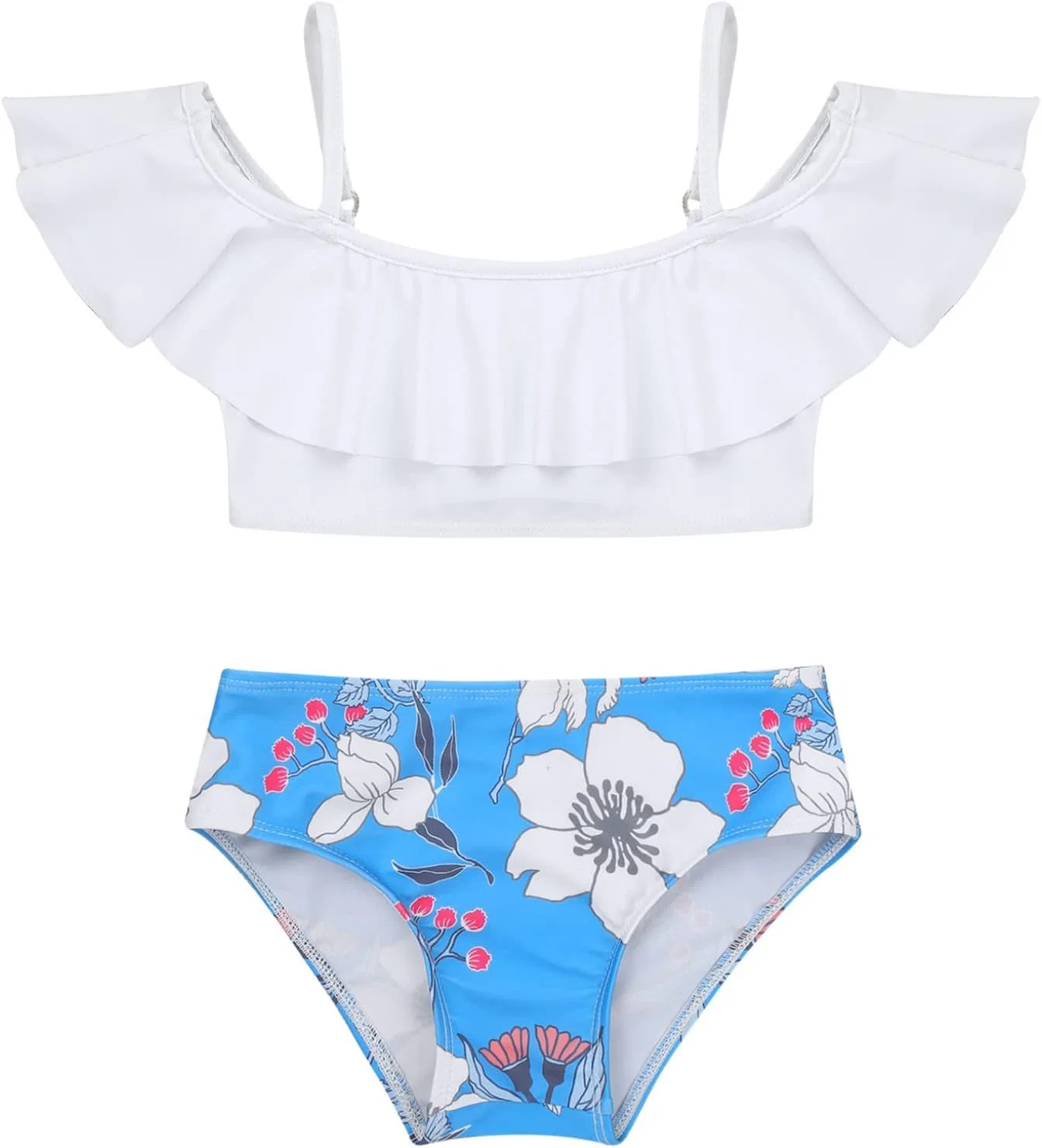 Комплект бикини Yeahdor Girls Hawaii из 2 предметов: топ с рюшами и открытыми плечами, треугольные трусики, пляжная одежда, синий