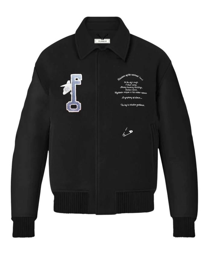 

Черная университетская куртка с вышитыми нашивками. FlãNeur, черный