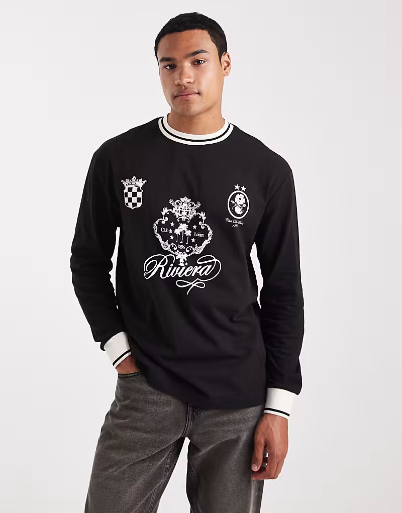 

Свободная футболка с длинными рукавами с отделкой и спортивной графикой черного цвета Asos Design, Черный, Свободная футболка с длинными рукавами с отделкой и спортивной графикой черного цвета Asos Design