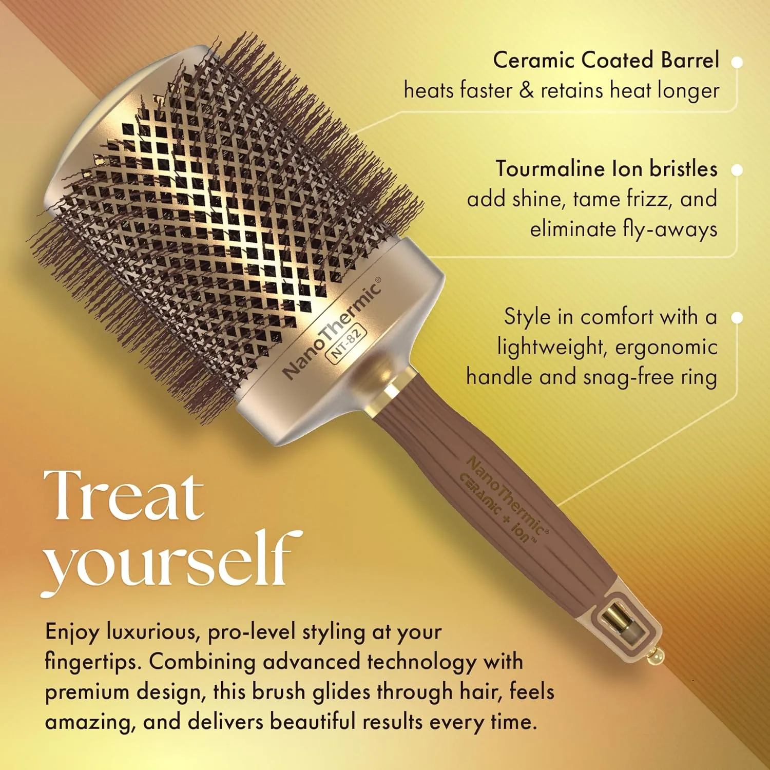 Термощетка для укладки волос Olivia Garden NanoThermic Ceramic + Ion Round Thermal Hair Brush - не электрическая - профессиональная щетка для нормальных и густых волос. 8,3 см, Gold / Chocolate — фото 3