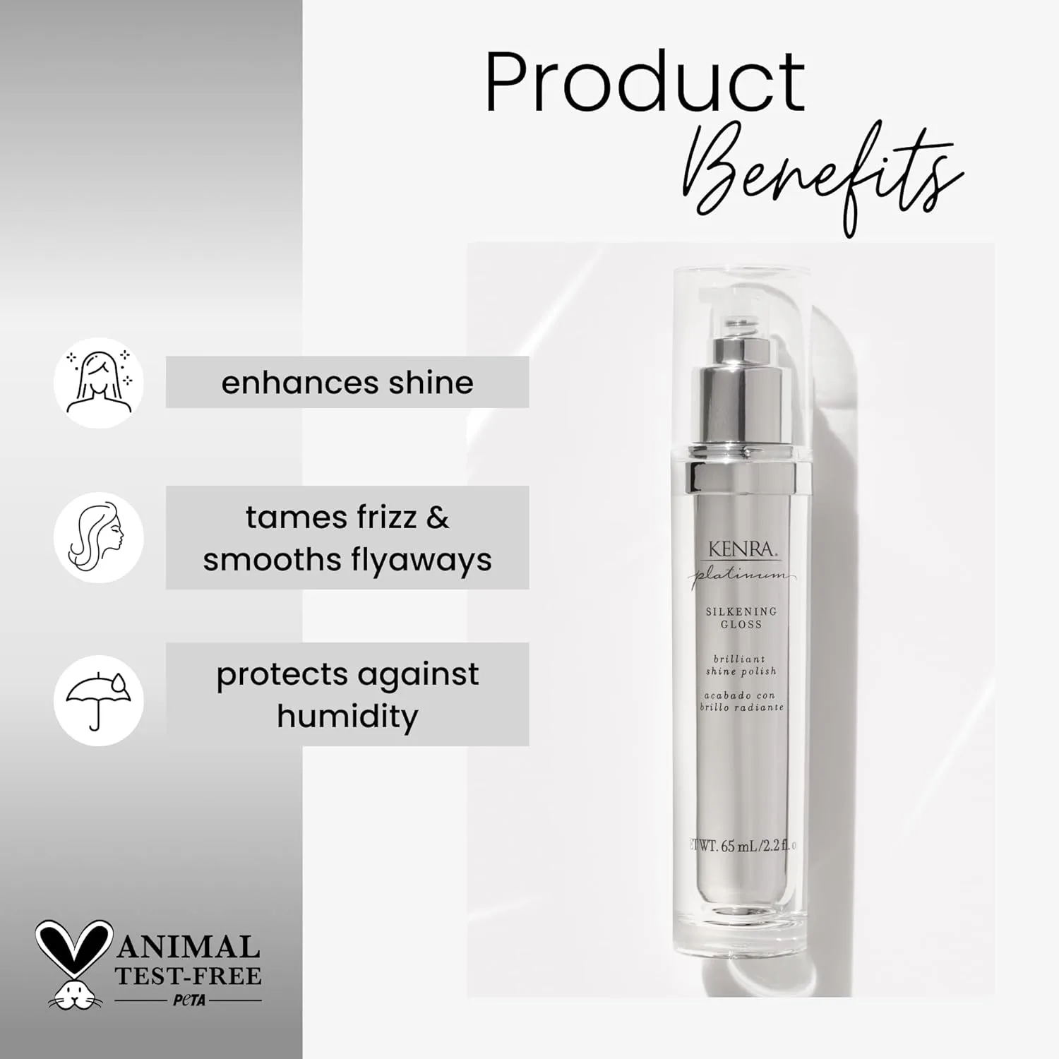 Kenra Platinum Silkening Gloss, лак для блеска Brilliant Shine, укрощает пушистость и сглаживает непослушные волоски, легкая формула, защита от влажности, сглаживает сухие кончики, для волос от средней до грубой структуры 59 мл (2 шт.) — фото 2