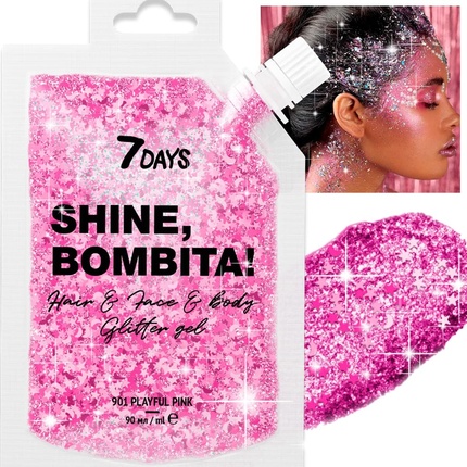 

7DAYS Shine Bombita Glitter Glitter Gel для лица, волос, тела, сверкающая краска для лица с крупными блестками для вечеринок, рейв-фестивалей, Хэллоуина, быстросохнущая, без клея, голографическая косметика, розовая, 90 мл