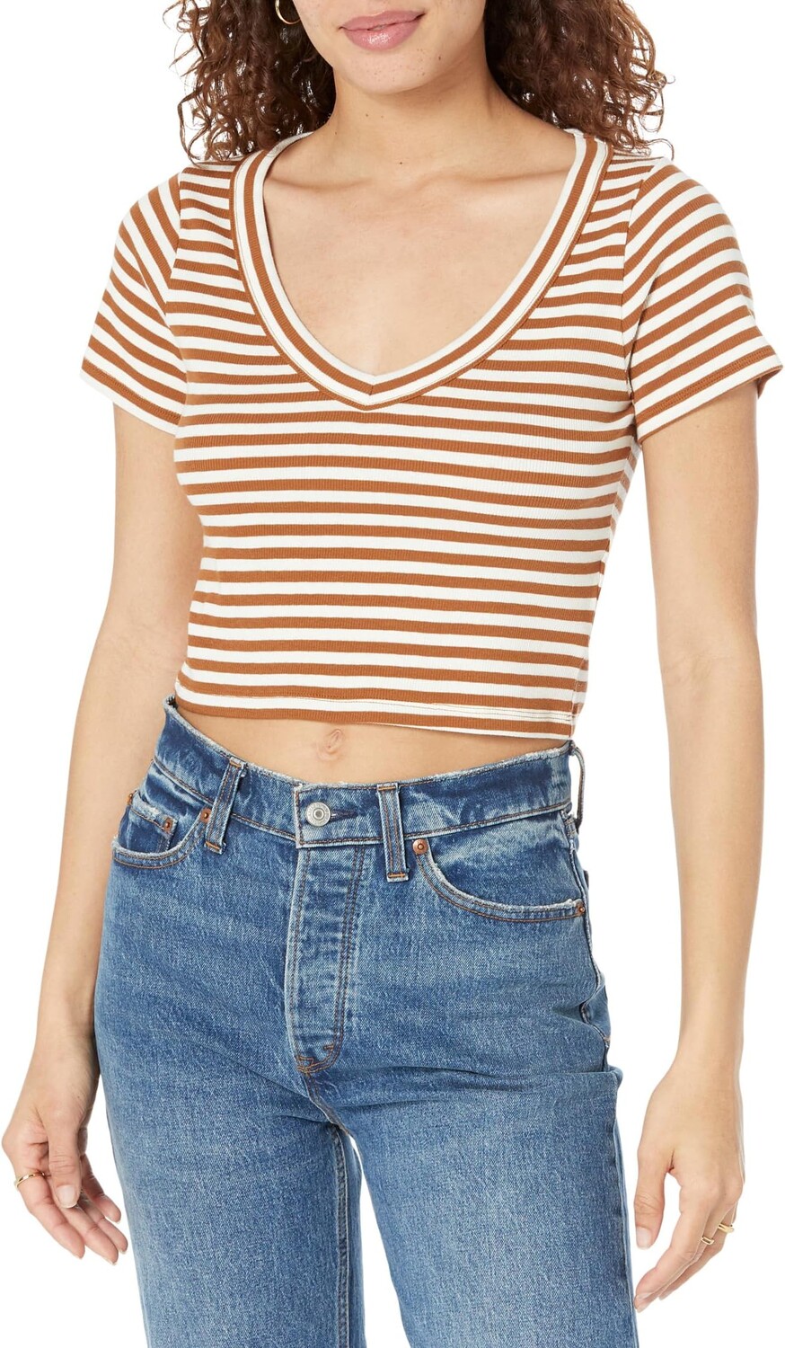 

Футболка Madewell Brightside V-Neck Crop Tee in Stripe, цвет Warm Coffee