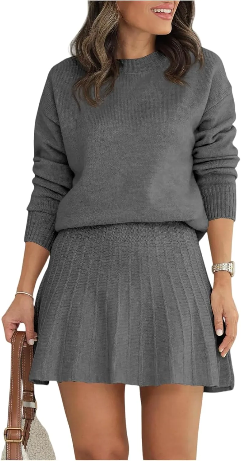 Комплект из двух предметов для женщин: вязаный пуловер с длинными рукавами и плиссированной мини-юбкой, повседневный однотонный свитер свободного кроя, базовый комплект для осени и зимы Generic, серый