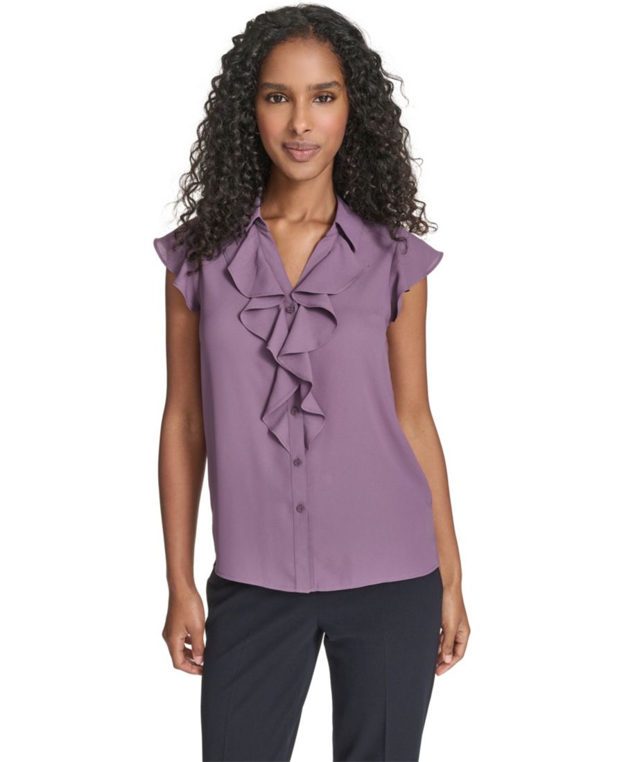 

Укороченный однотонный топ с короткими рукавами и оборкой спереди Calvin Klein, Winter Plum