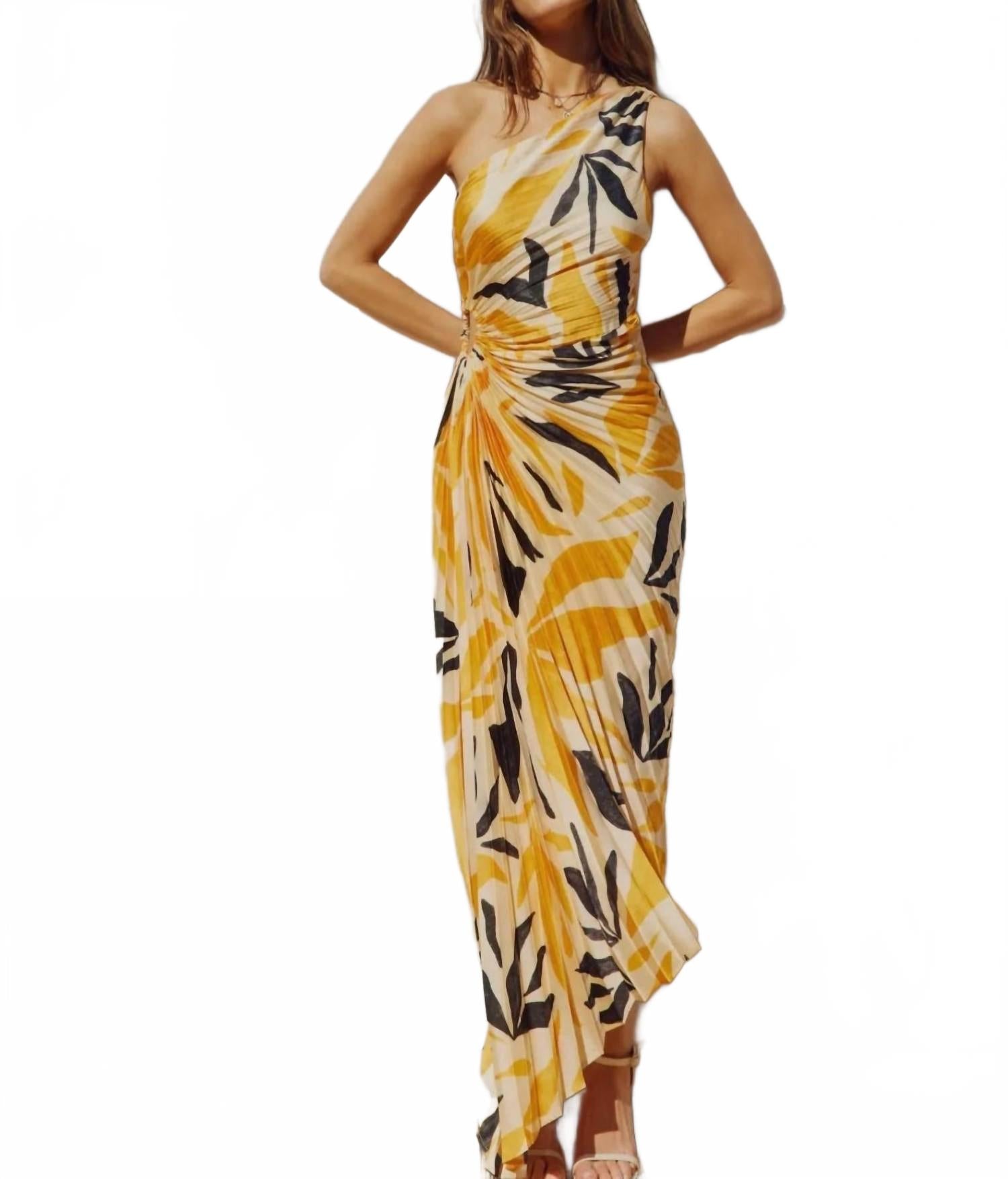 

Малибу Асимметричное плиссированное макси-платье в манго и черном цвете DRESS FORUM