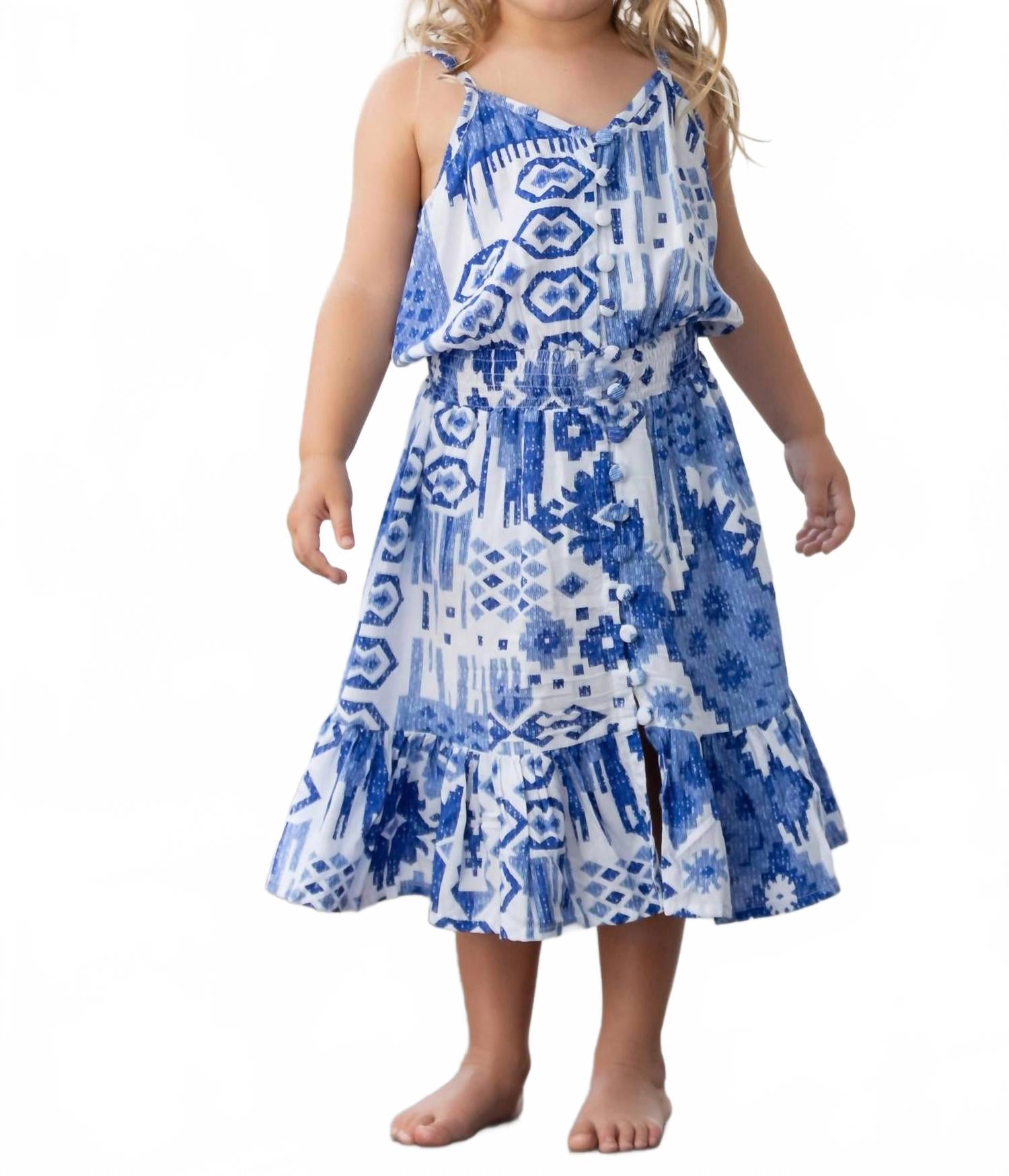 

Платье Лала для девочек в цвете индиго икат Walker & Wade, Indigo Ikat