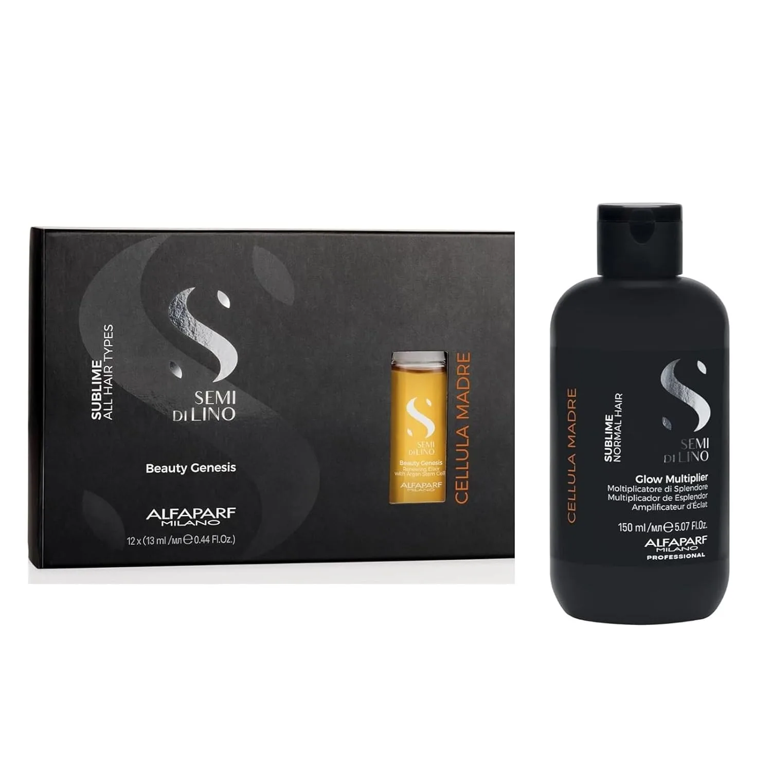 Alfaparf Milano Semi di Lino Cellula Madre Beauty Genesis and Glow Multiplier Set for Shine - Придает невероятный блеск - Для красивых и здоровых волос - Защищает и усиливает косметический цвет