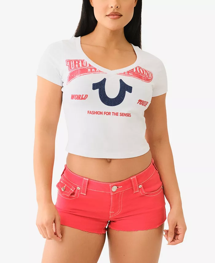 

Женская V-образная блузка с кристаллами и логотипом Baby T-Shirt True Religion, белый