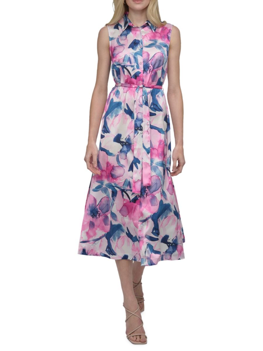 

Платье-рубашка без рукавов с акварельным принтом DKNY, цвет Navy Pink