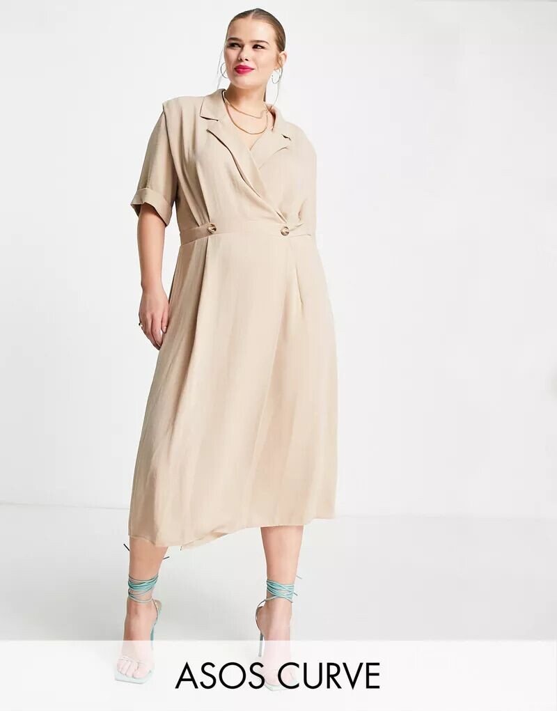 

Льняное костюмное платье миди с запахом ASOS DESIGN Curve