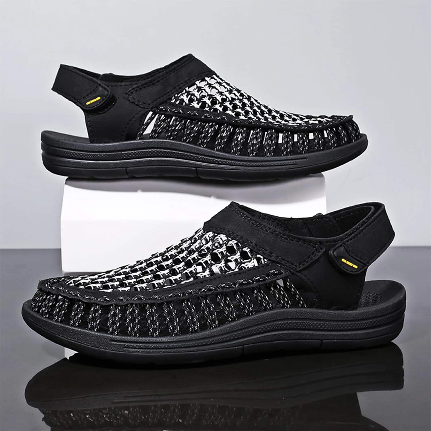 Men's Woven Slip-On Сандалии Breathable Flat Сандалии Lightweight Mesh Сандалии for Men Outdoor Black Casual Water Shoes Dacnakby, черный — фото 4