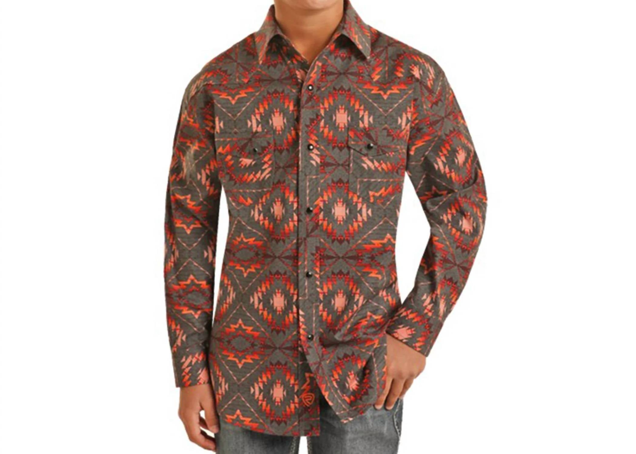 

Мужская рубашка Aztec на кнопках в оранжевом цвете Rock & Roll Denim