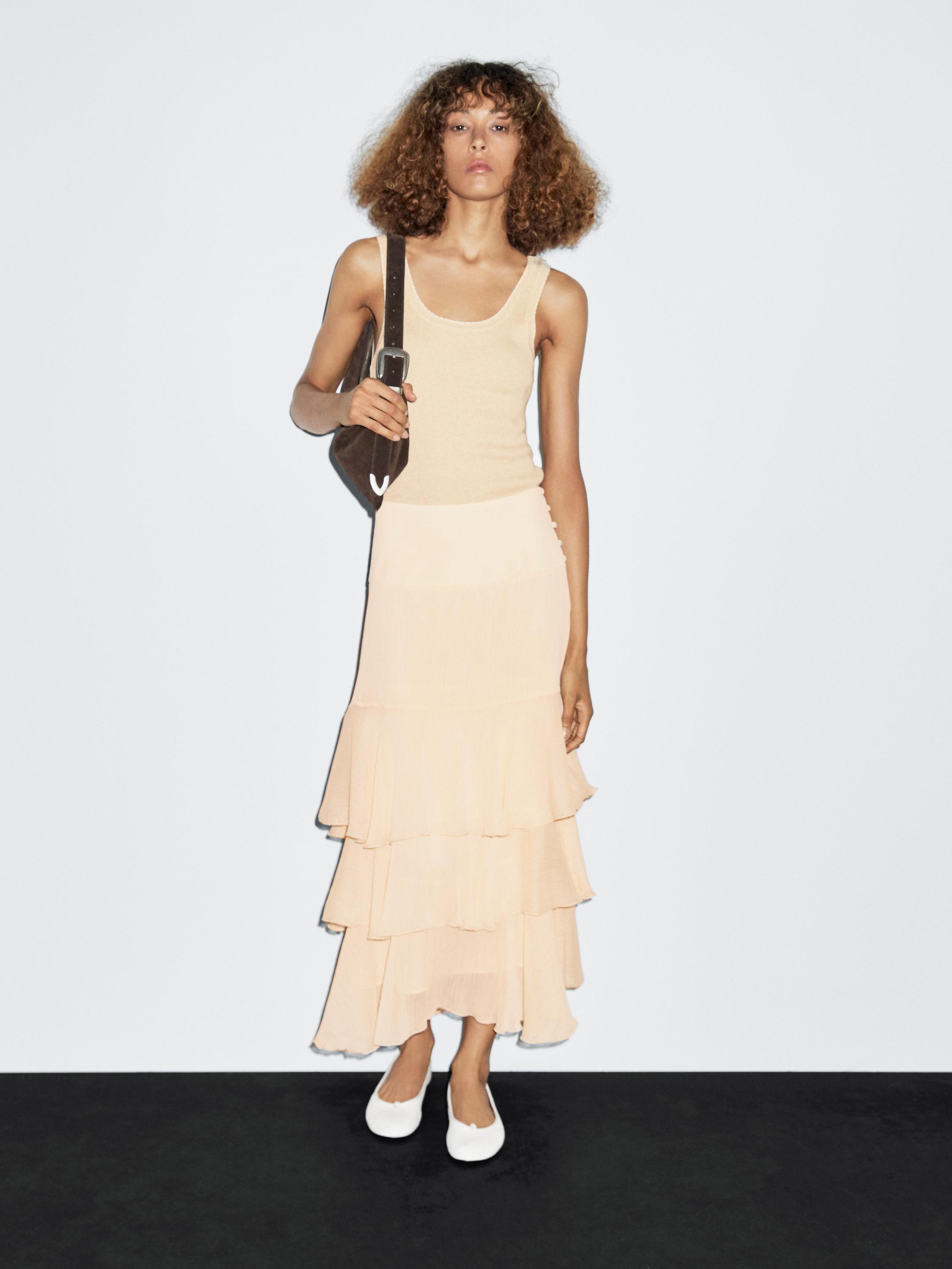 

Длинная юбка с воланами и поясом Massimo Dutti, кремовый