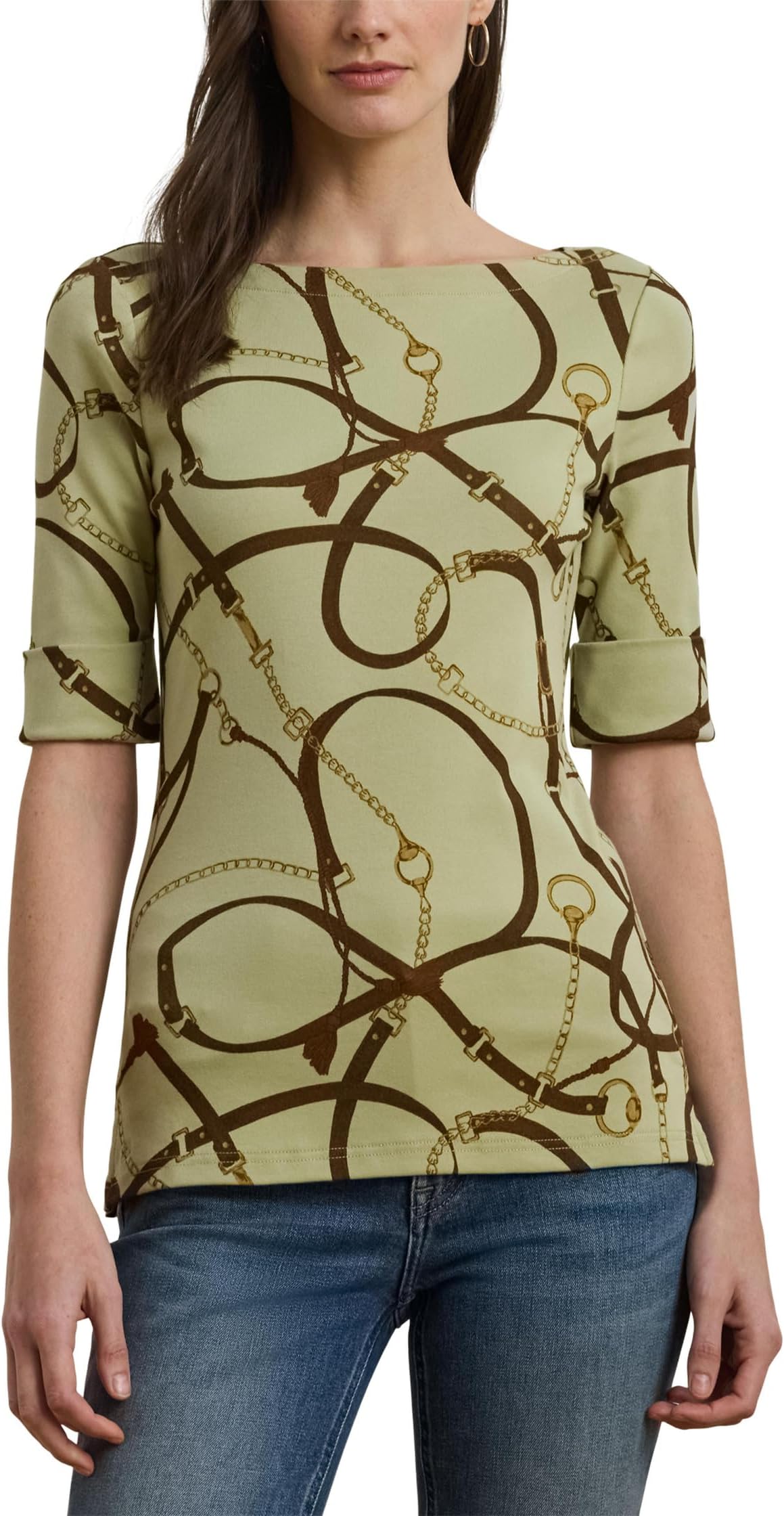 

Футболка Lauren Ralph Lauren Petite Judy Mid Sleeve T-Shirt, цвет Green Multi