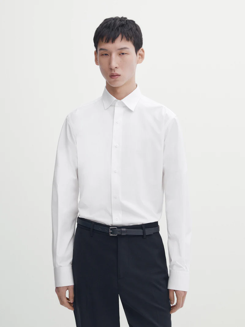Рубашка узкого кроя из хлопкового поплина Massimo Dutti, белый — фото 2