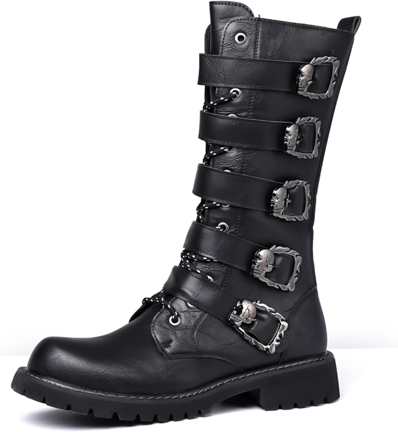 

Мужские винтажные панк-кожаные мотоциклетные ботинки с пряжками Водонепроницаемые противоскользящие ботинки до колена, подходящие для велоспорта, рока, музыкальных фестивалей Negyanme, черный