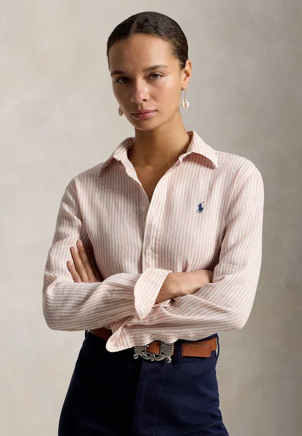 Классическая льняная рубашка в полоску с пуговицами Polo Ralph Lauren, сиренево-белый