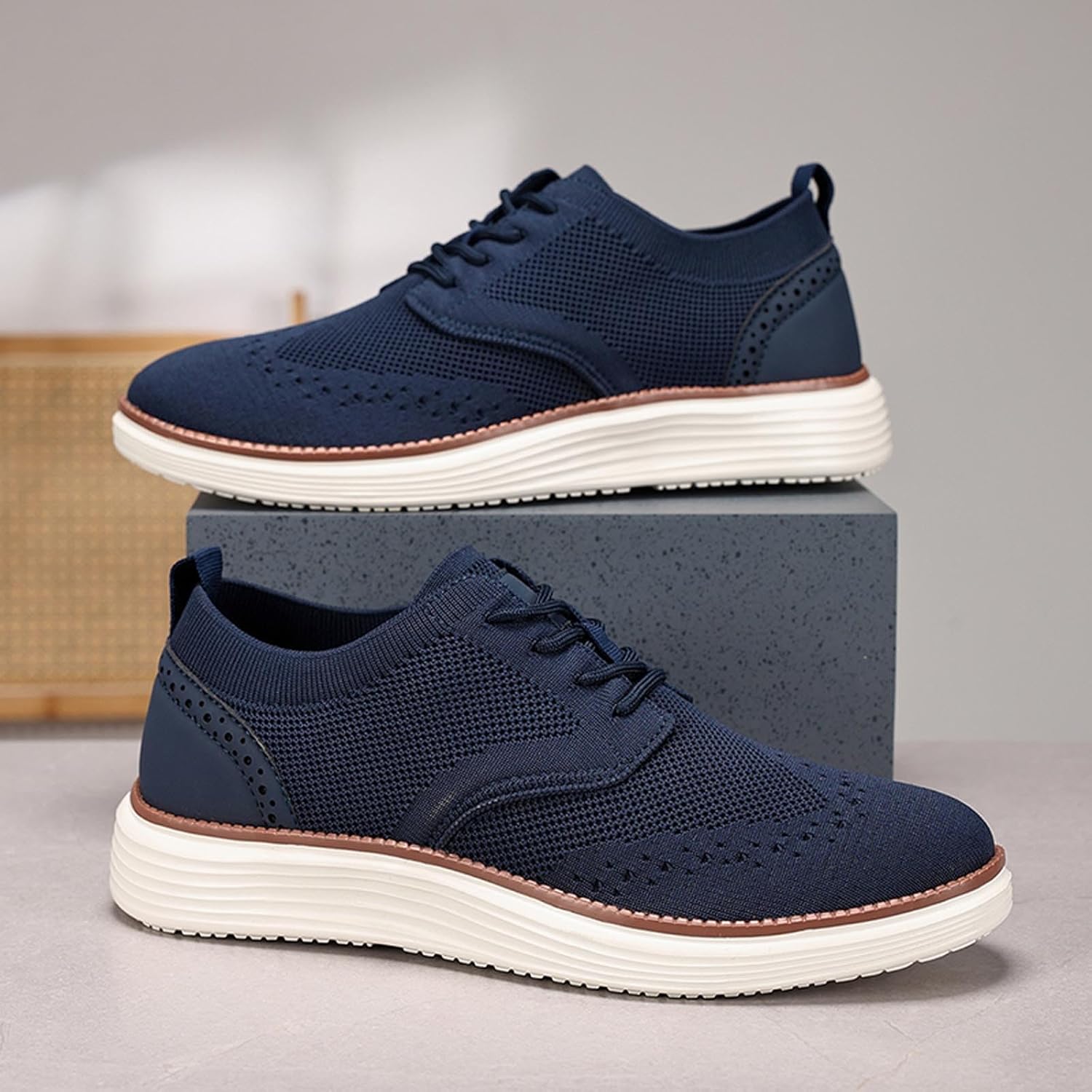 Мужские кроссовки Oxfords, легкие вязаные слипоны на шнуровке, сетчатые лоферы, классические нескользящие кроссовки для спорта, тренажерного зала, тенниса и ходьбы Xjypuu2, темно-синий — фото 4