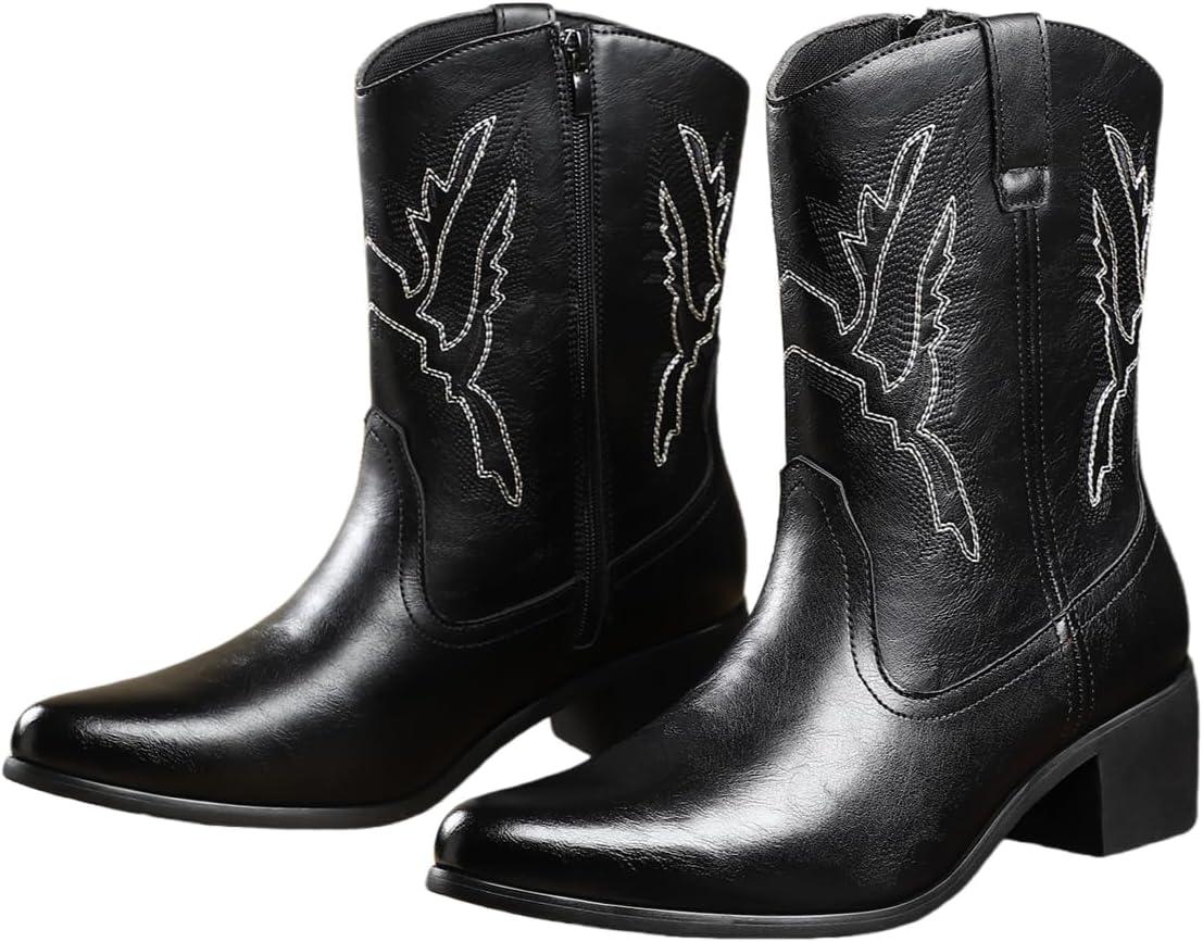 

Мужские ковбойские сапоги Hhhchpm с заостренным носком, вестерн, ретро, прочные классические модные вышитые ковбойские сапоги средней длины с боковой молнией, черный