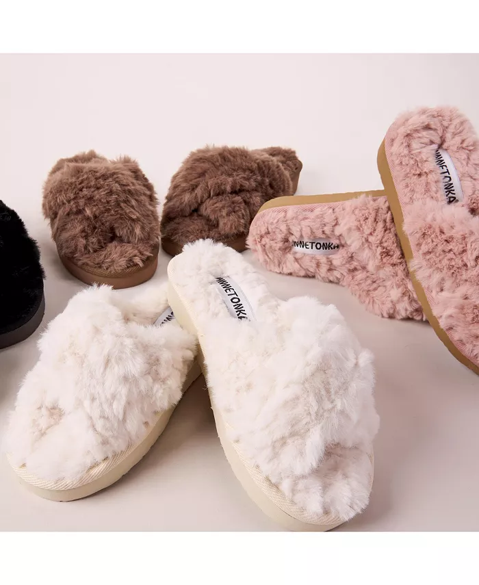Женские тапочки с перекрестными ремешками из искусственного меха Teddy Minnetonka, загар/бежевый — фото 3