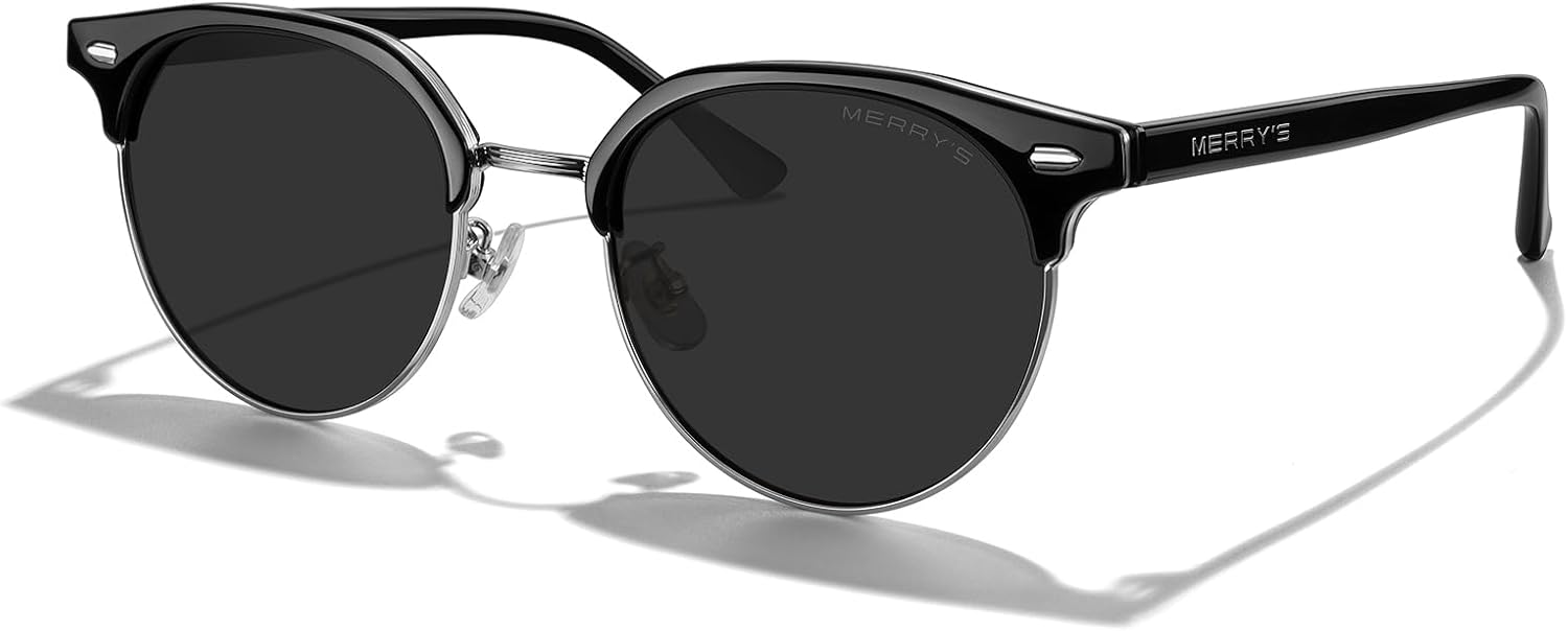 

Современные полуободковые квадратные солнцезащитные очки MERRY'S из ацетата для женщин и мужчин с поляризацией UV400, модель S6190, Black Frame/Silver Bridge/Black Lens