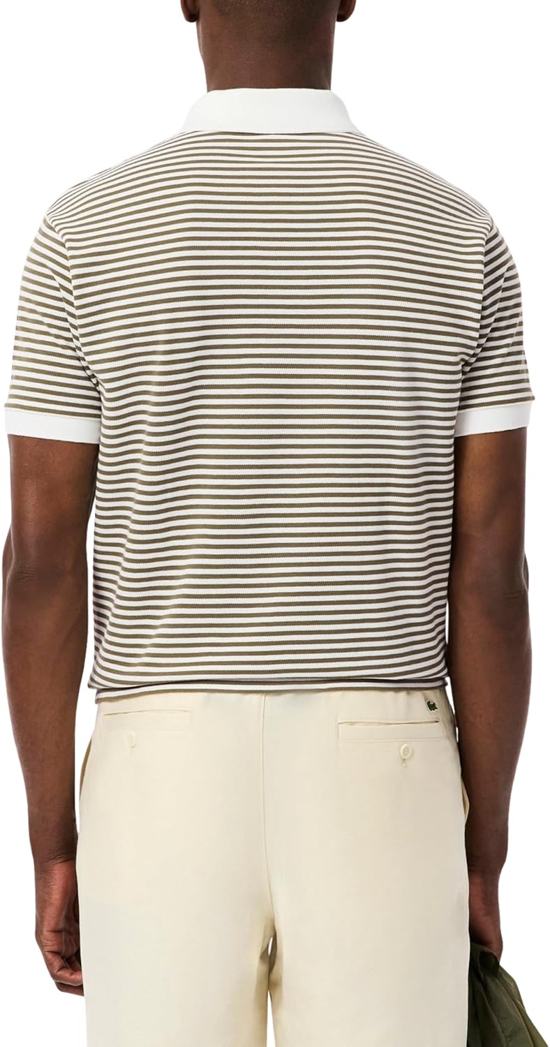 Lacoste мужская классическая футболка-поло L.12.12 в полоску petit piqué, White/Olive — фото 3