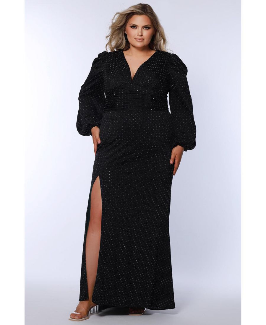 

Женское длинное вечернее платье с V-образным вырезом, пышными рукавами и разрезом Celebrations by Sydney's Closet, Black