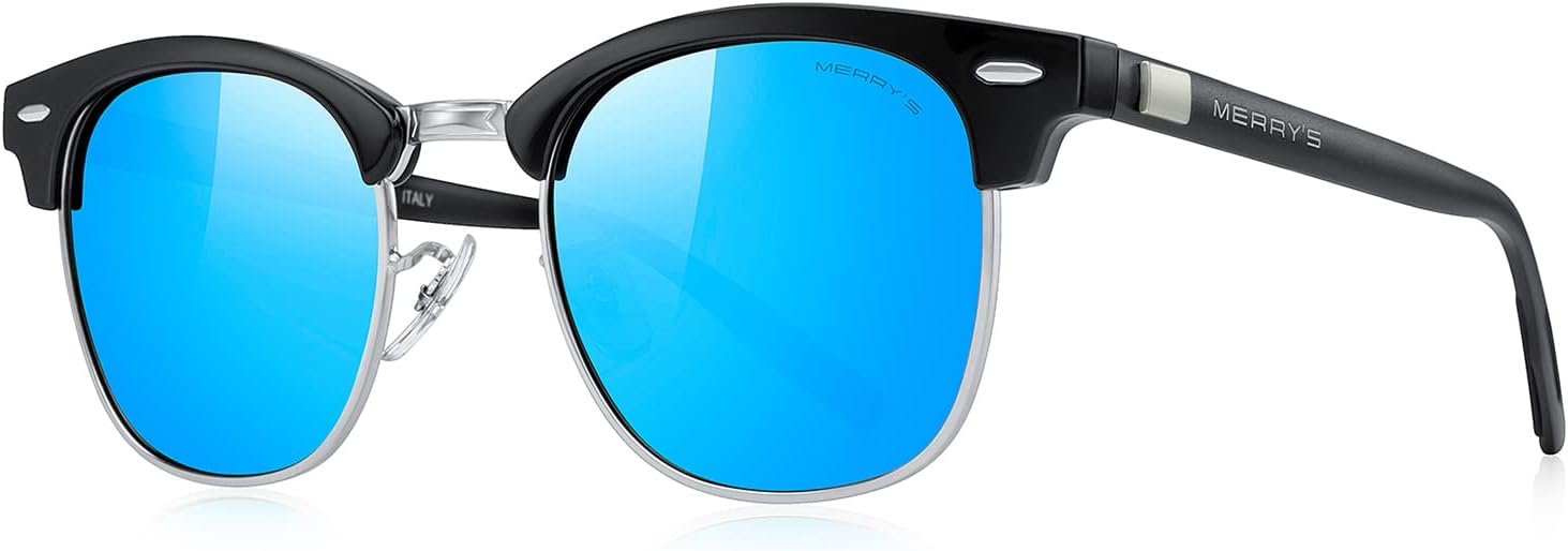 

Солнцезащитные очки MERRY'S унисекс с поляризацией, алюминиевые, для мужчин и женщин, полуободковые, в стиле ретро, ​​для вождения, Black Frame/Silver Bridge/Blue Mirror Lens