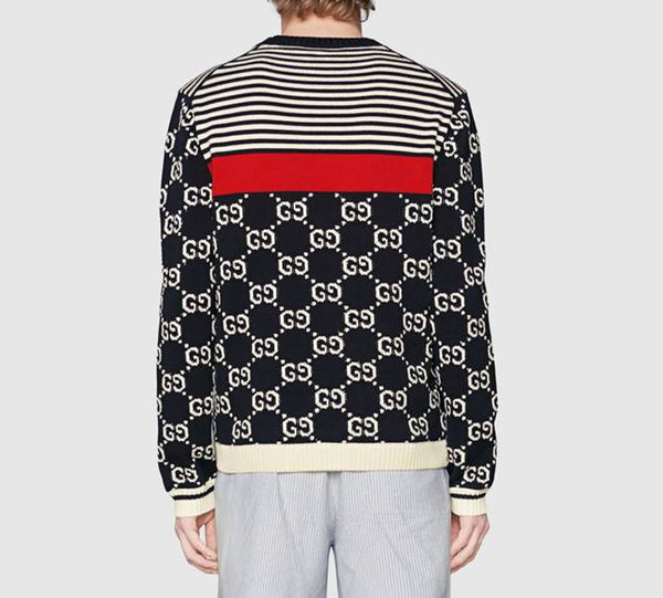 Свитер Gucci men's gg logo striped knit sweater, темно-синий — фото 3