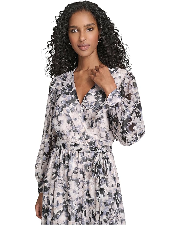 Женское платье Calvin Klein V-Neck Long Sleeve Chiffon Midi, Slate Multi — фото 4