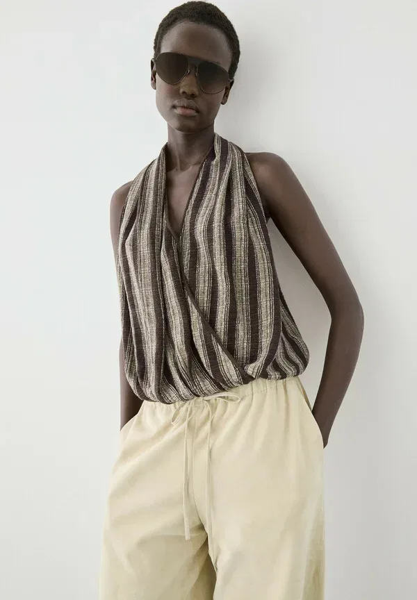 Топ с запахом и полосатым декором Massimo Dutti, темно-коричневый