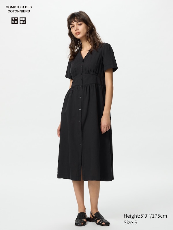 

Платье из льняной смеси с V-образным вырезом (короткий рукав) Uniqlo, черный