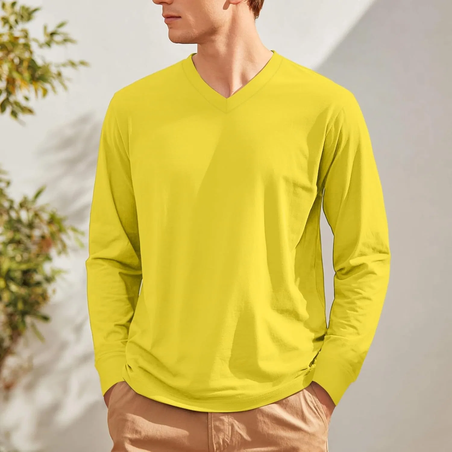 Мужская футболка с длинным рукавом V-образным вырезом, 1-yellow — фото 3