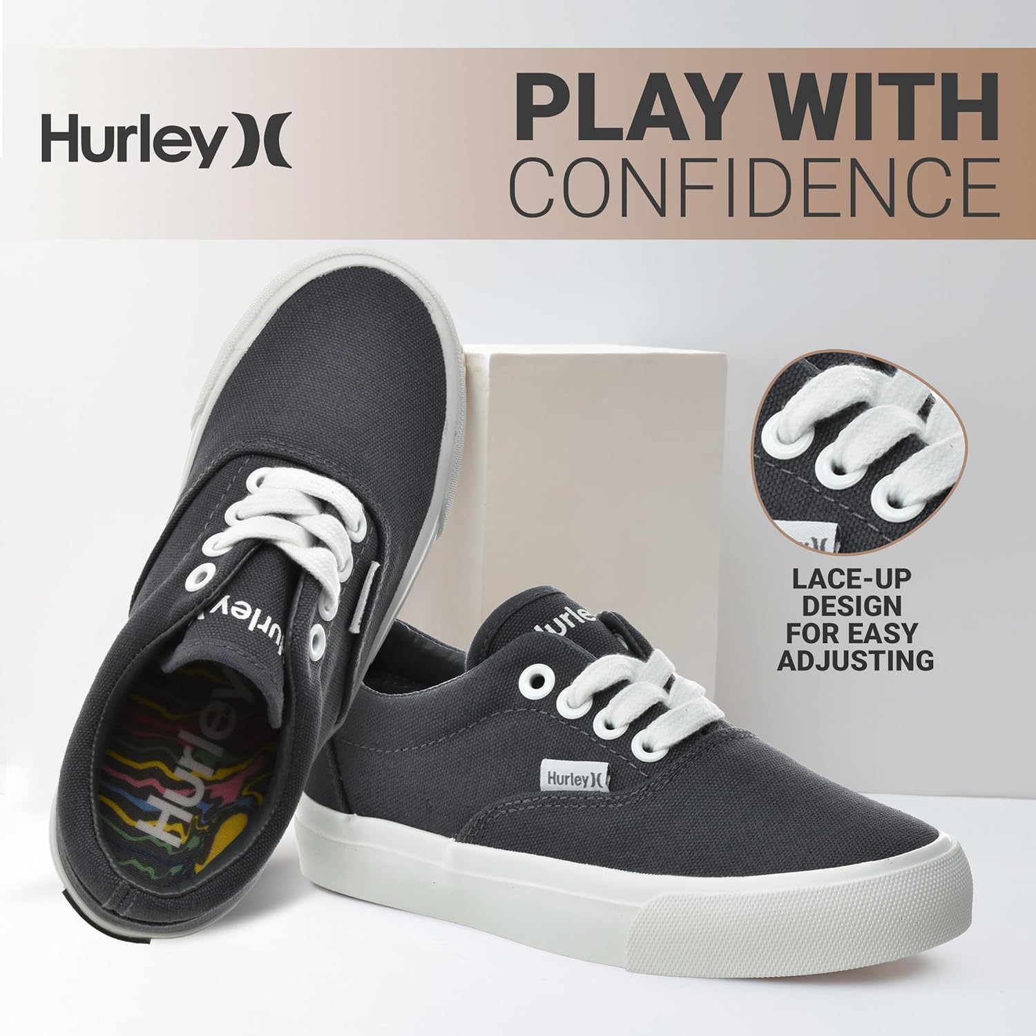 Детские кеды Hurley Marley на шнуровке - низкие кроссовки для скейтбординга для детей, спортивная обувь для мальчиков и девочек, белый/угольный — фото 2