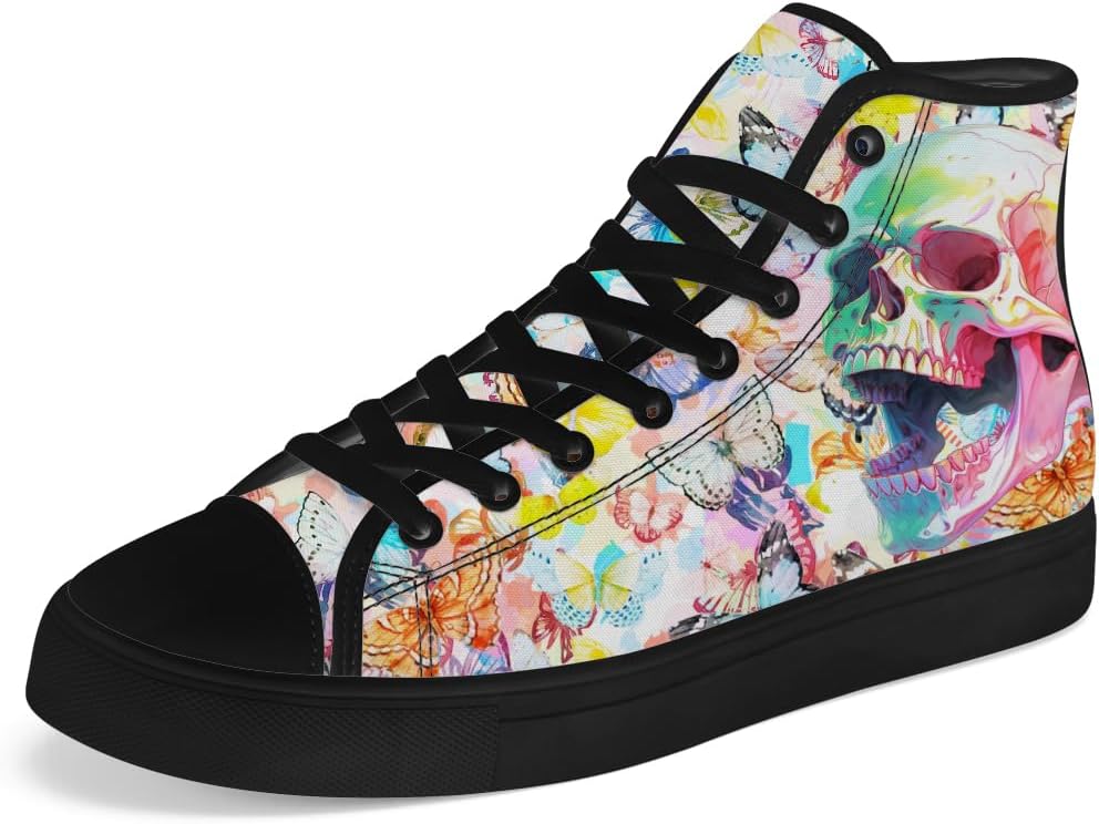 

Высокие кеды с черепом для мужчин и женщин, с принтом бабочки на черепе, на шнуровке, повседневная обувь из холста, подарок для парня или девушки Chebing, 611 Multicolor