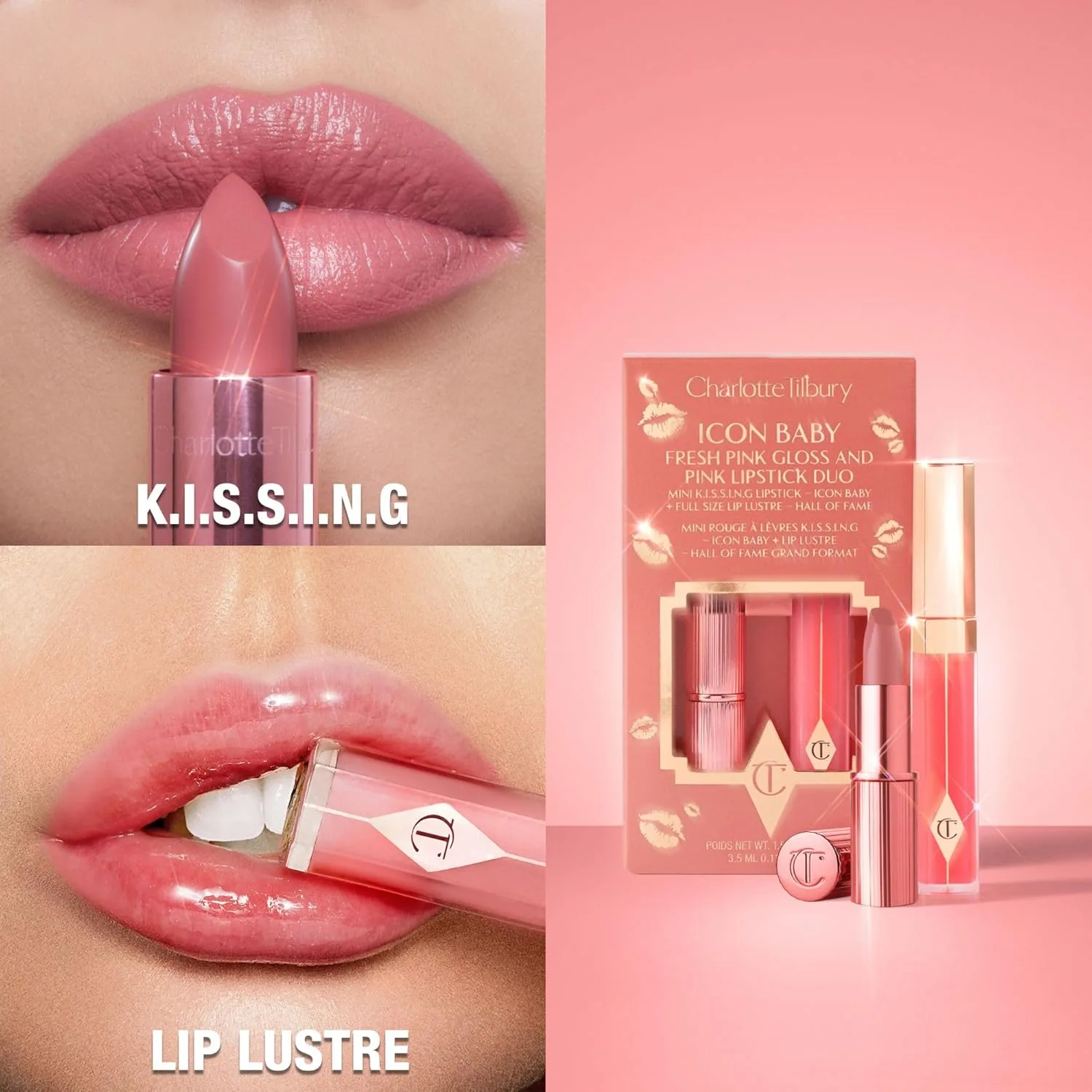 Charlotte Tilbury Icon Baby Lip Duo Kit - мини-помада K.I.S.S.I.N.G Satin Shimmer и полноразмерный блеск Hall of Fame High Shine Gloss Set, увлажняющий долговечный дуэт для сияющего блеска в пути, Icon Baby & Hall of Fame — фото 2