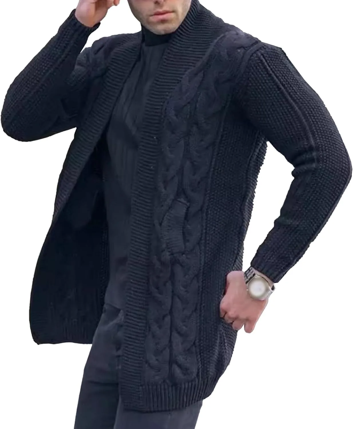 

Мужской кардиган с воротником шаль, вязаный, приталенный