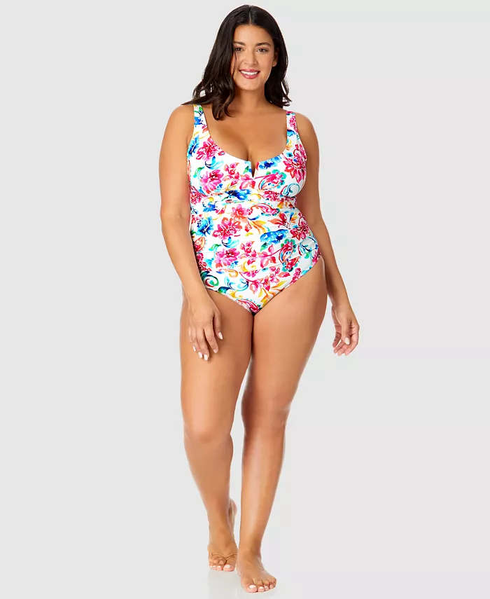 

Купальник цельный с V-образным вырезом и проволочными чашками Plus Size в акварельном стиле пейсли Anne Cole, мультиколор