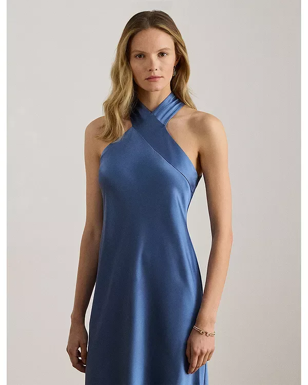 Коктейльное платье с бретельками из атласа Charmeuse Ralph Lauren, Blue — фото 2