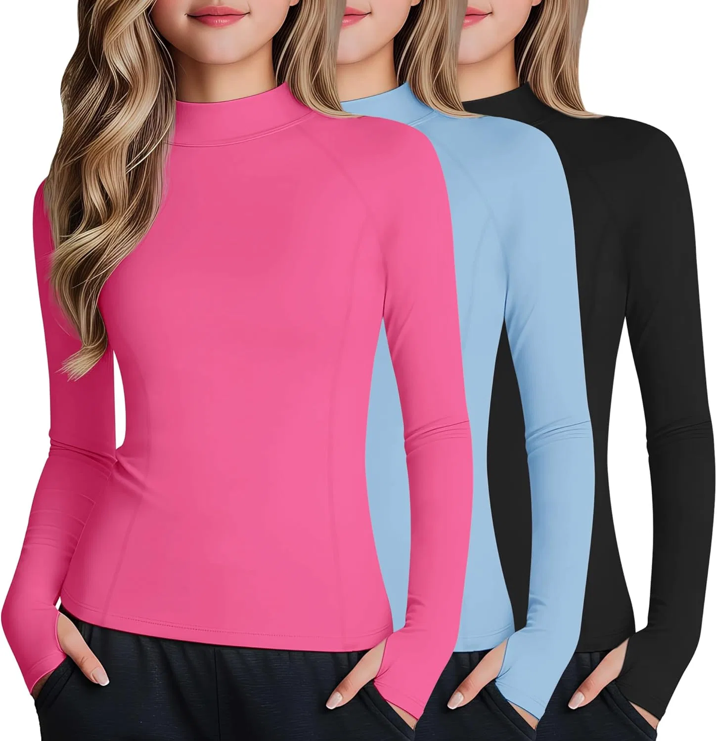 Детские спортивные топы с длинным рукавом LessonZoo, 3 шт, Rose Red, Sky Blue, Black