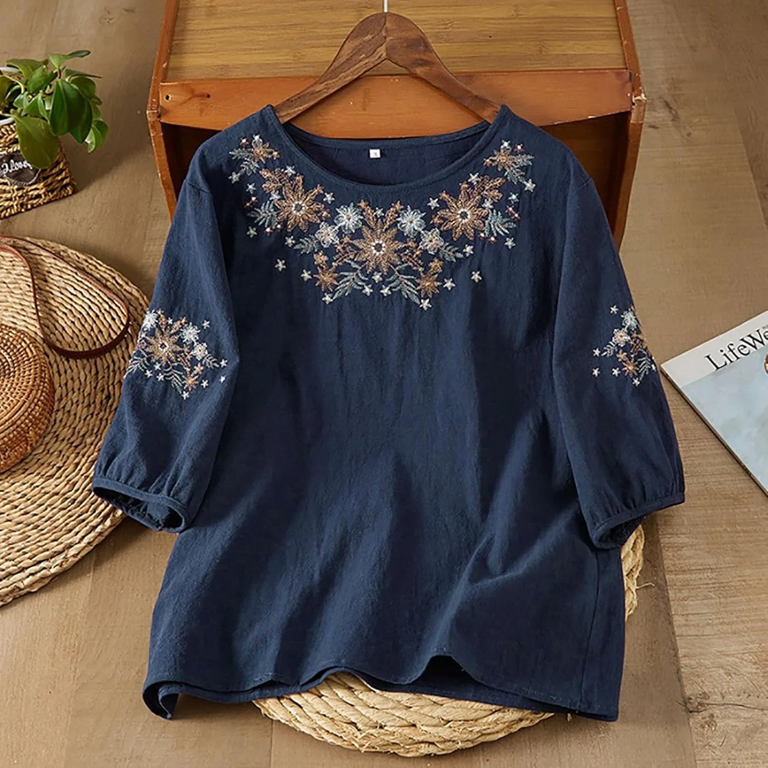 Футболка с цветочным принтом, длинная, темно-синий — фото 3