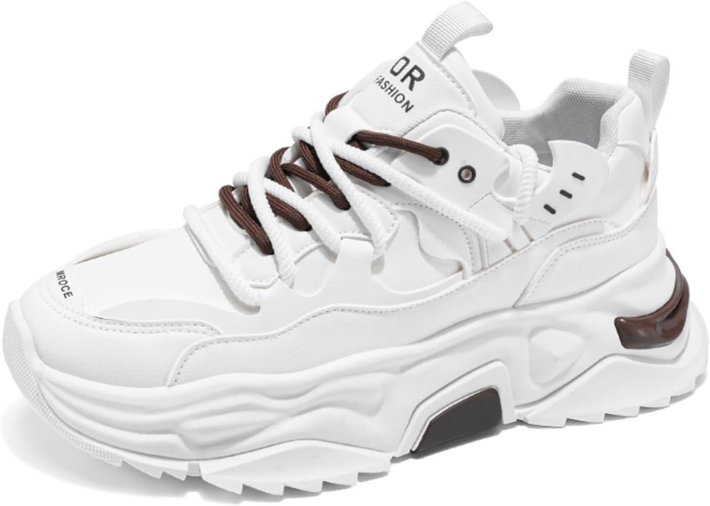 

Мужские белые массивные кроссовки: контрастные коричневые акценты, толстая амортизирующая подошва, регулируемый ремешок- модный городской стиль для повседневной носки, уличных образов и повседневных нарядов Khwfjas