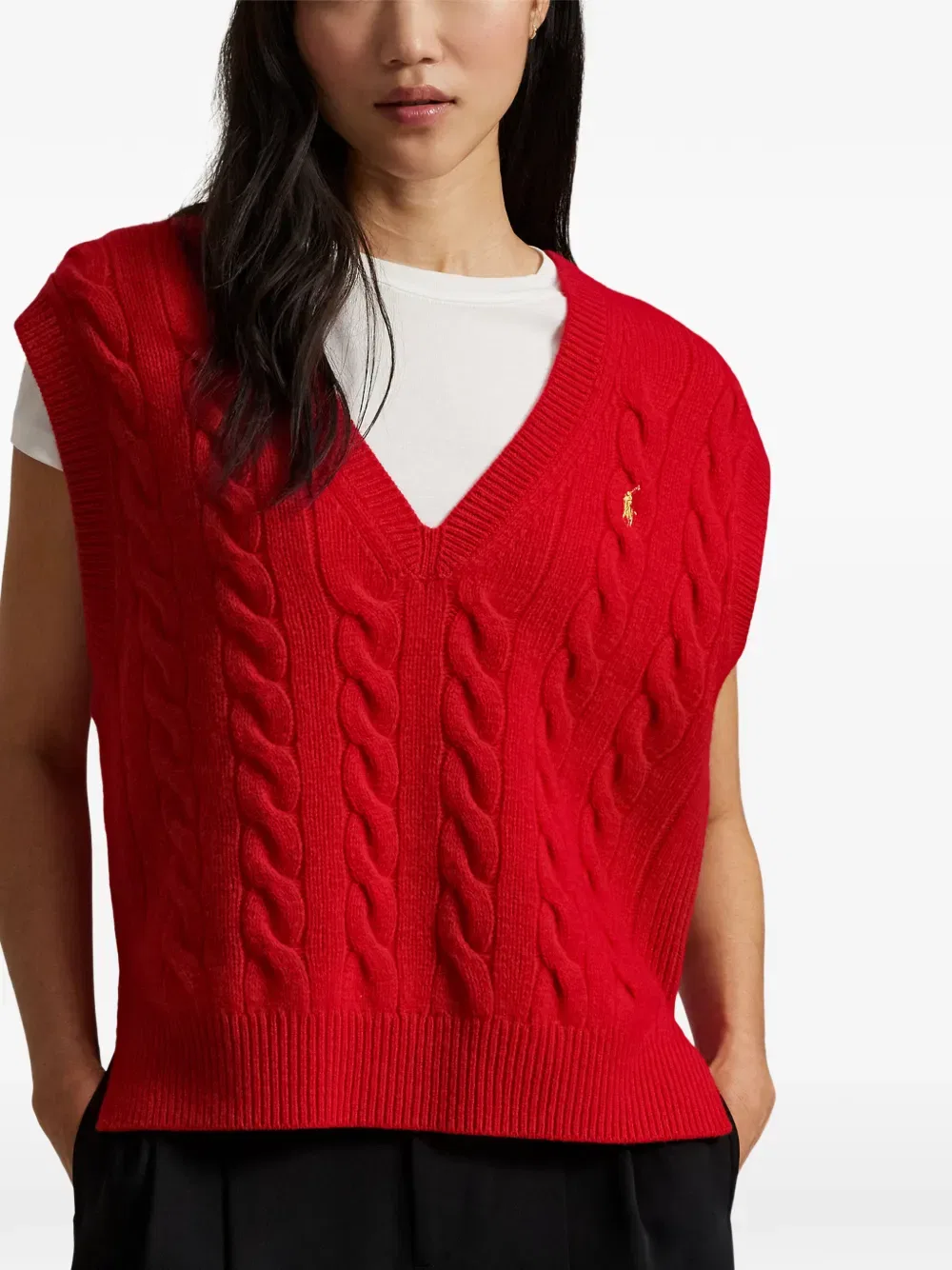 Свитер крупной вязки с V-образным вырезом Polo Ralph Lauren, красный — фото 3