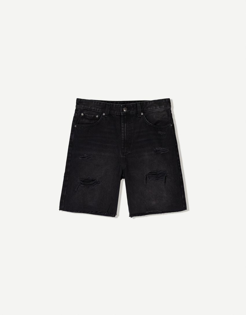 

Шорты-Бермуды из рваного денима Bershka, черный