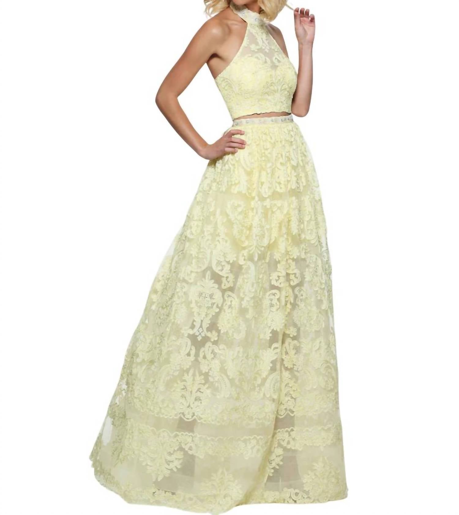

Двухсекционное выпускное платье с высоким воротом желтого цвета Sherri Hill