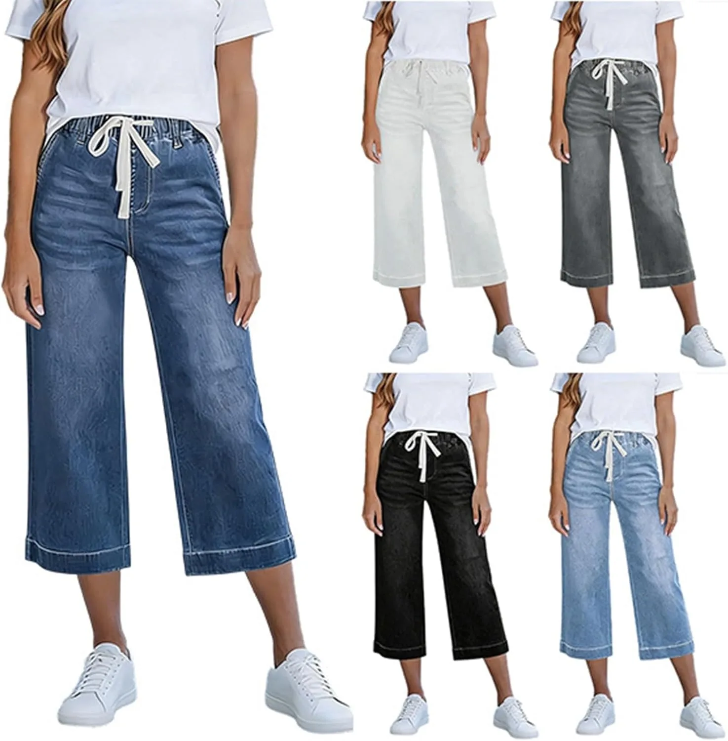 

Джинсы Capri для женщин с летним дизайном, эластичной талией на шнурке, прямые широкие брюки из денима с эффектом стрейч RGDYPKO