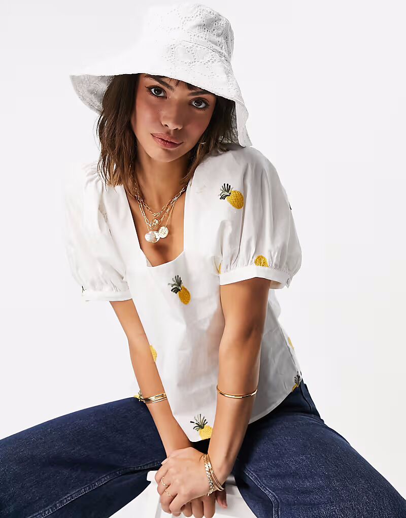 

Шляпа-панама в стиле рыбацкой вышивки белого цвета Asos Design