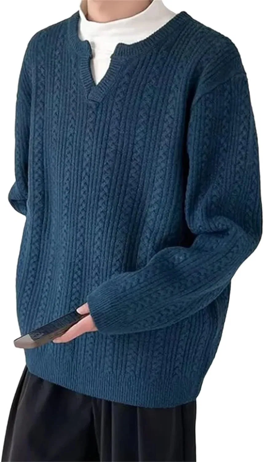 Мужской однотонный повседневный свитер Trendy Crochet Knitted Vintage с длинными рукавами и V-образным вырезом Generic, синий