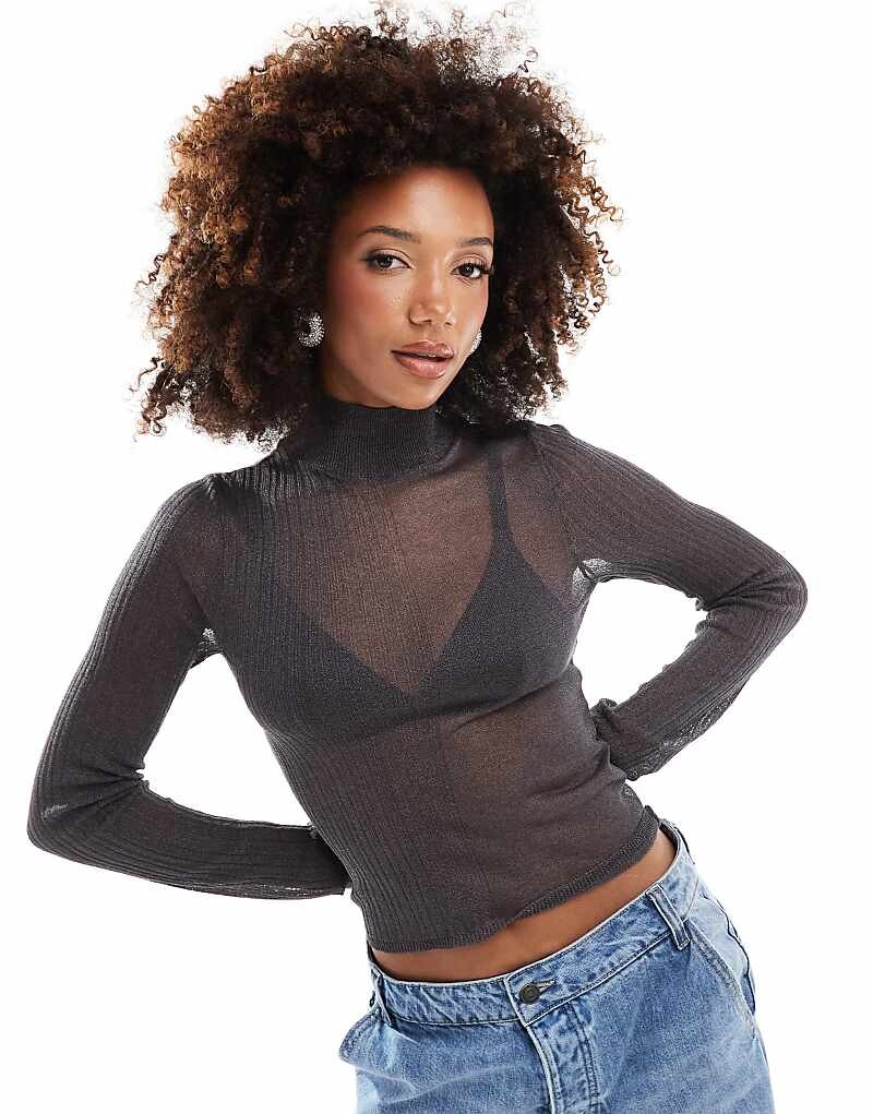 

ASOS DESIGN – Графитовый топ с воротником из прозрачной ткани